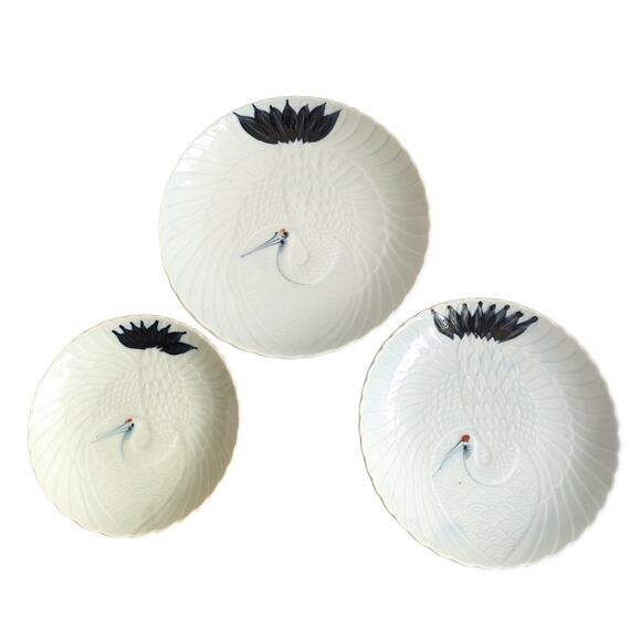Red Crowned Crane Japanese Celadon Porcelain Early 20th Century Vintage Plates - Picture 2 of 16